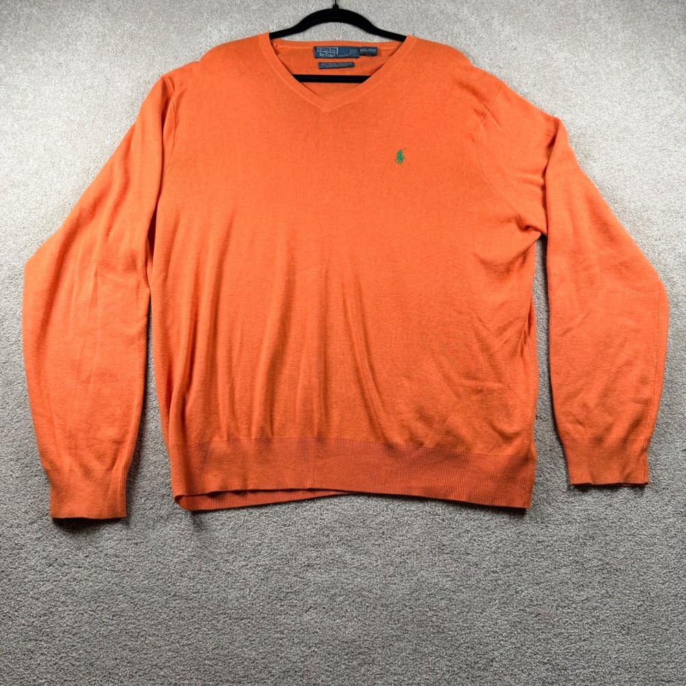 Polo Ralph Lauren Mens XXL Orange Pima Cotton V-Neck Sweater Green Pony Logo
